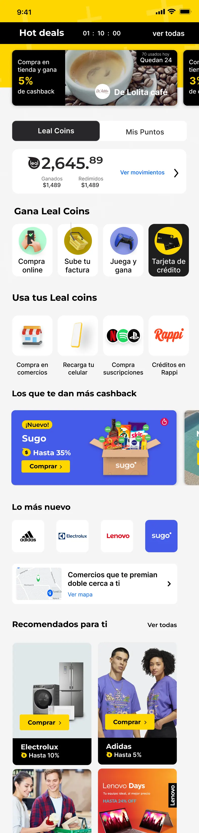 El Home rediseñado de la app Leal.