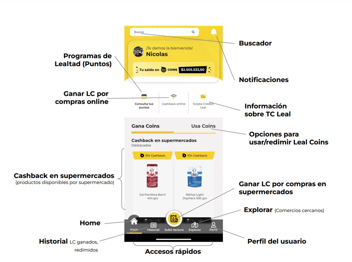 Home anterior de la app Leal, con estilos mezclados.