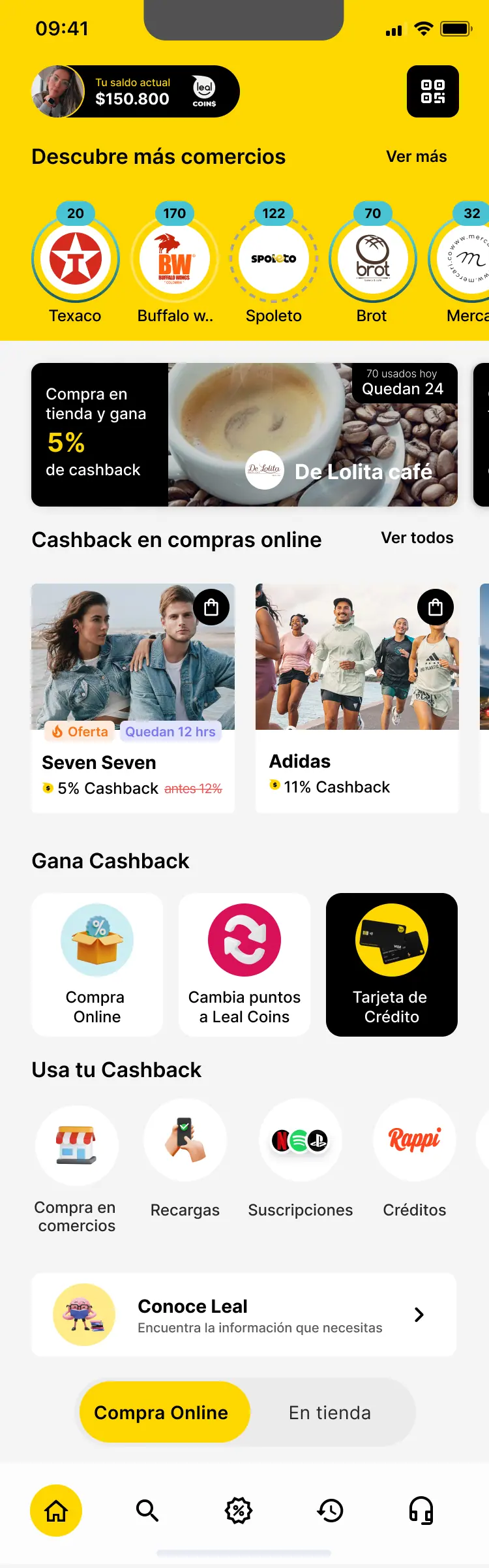 Home rediseñado de la app Leal, sección de compra online.